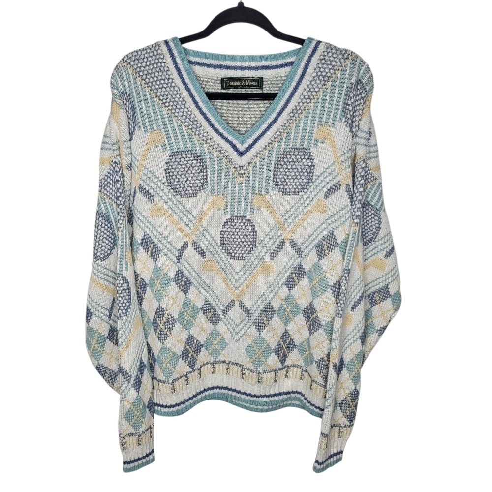 Vintage 80s Dominic & Maria Golf V-Neck Sweater in Cream Blue Size XL